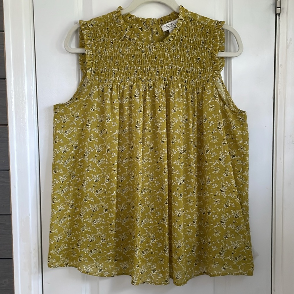 Rachel Zoe Chartreuse Smocked & Ruffled Sleeveless Floral Blouse L EUC